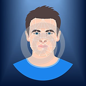 Face ID icon. Facial recognition technology. Biometric verification. Male avatar. Young man face. Vector illustration